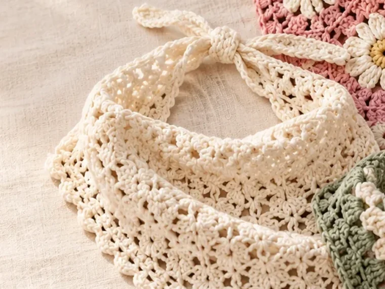 Soft pink and cream crochet accessories with floral details
