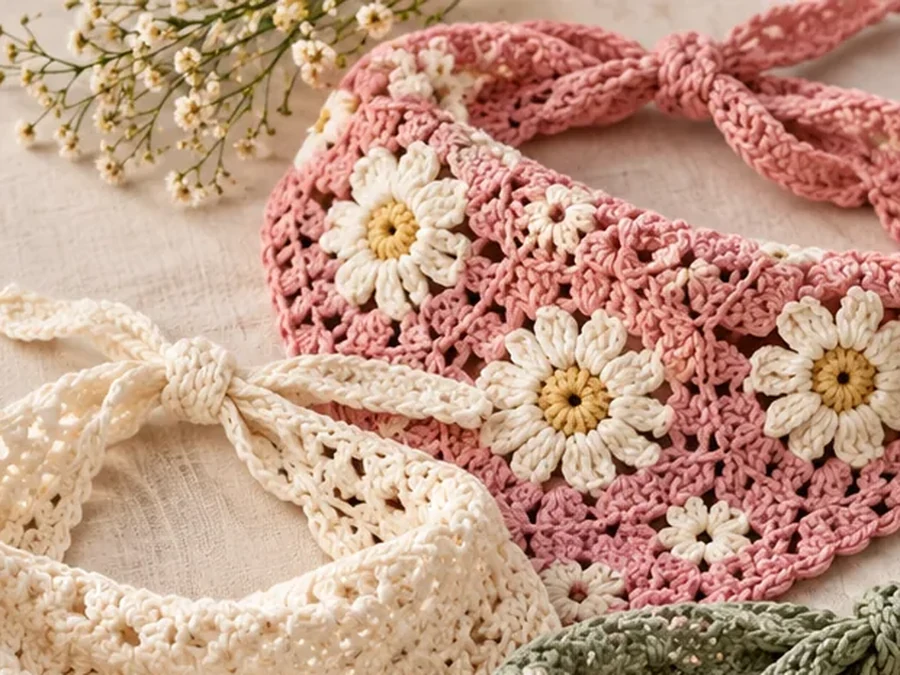 Pastel handmade crochet bandanas styled with yarn and flowers