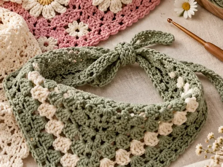 Sage green and cream textured crochet kerchief with a soft lacy look