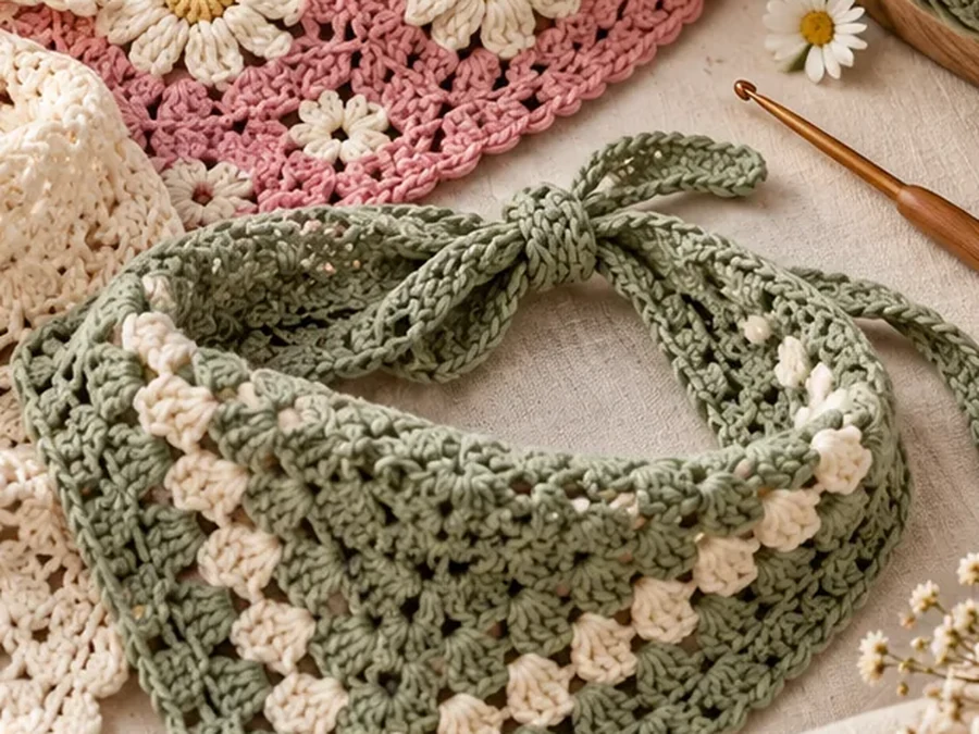 Sage green and cream textured crochet kerchief with a soft lacy look